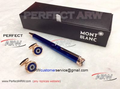 Perfect Replica - Montblanc Blue Ballpoint Pen And Blue Face Rose Gold Cufflinks Set